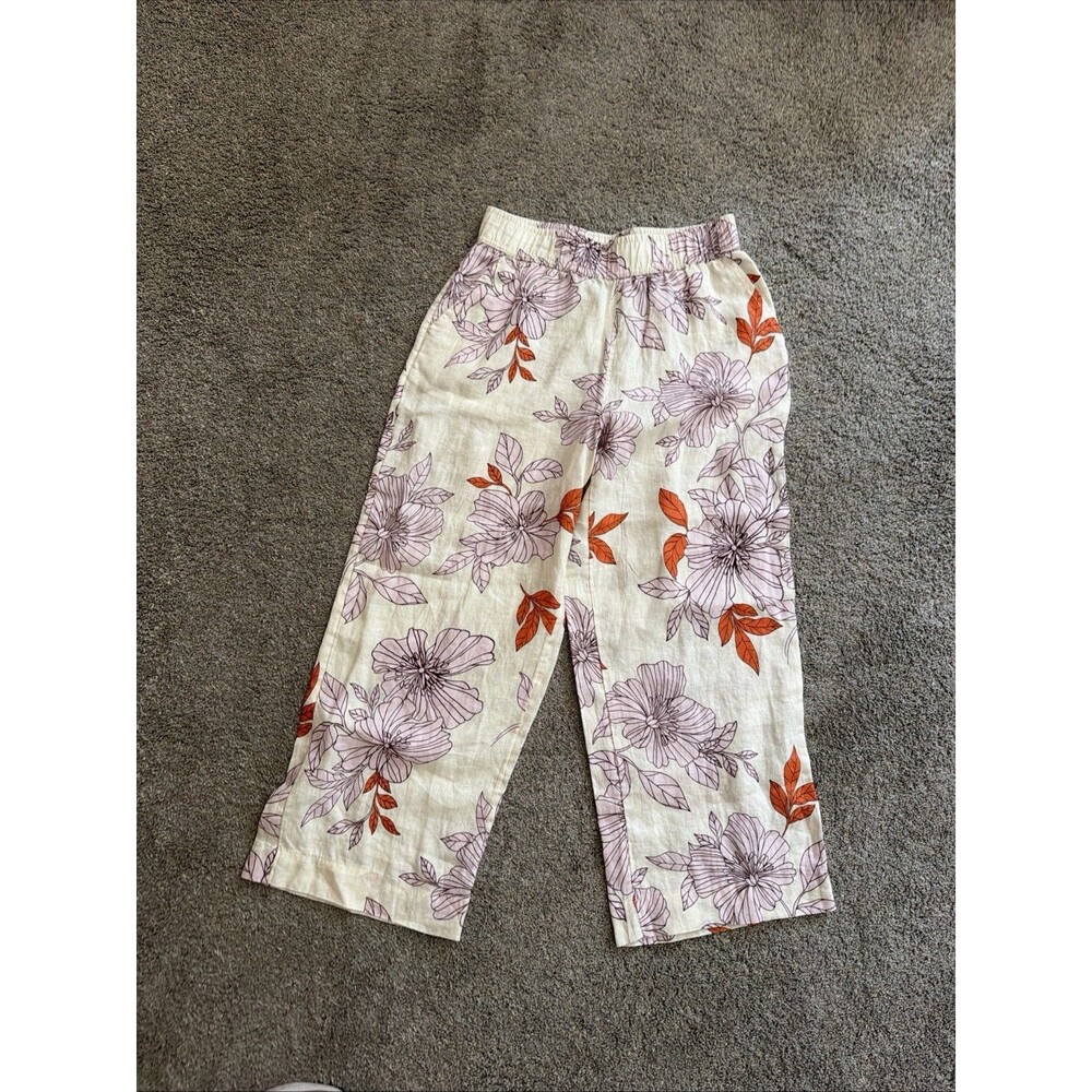 Hobo Women 100% Linen Pants Ivory Floral Wide Leg Pockets Medium Vacay Classic